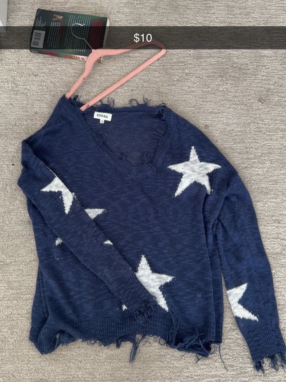 ADORA Navy Star V-Neck Distressed Sweater